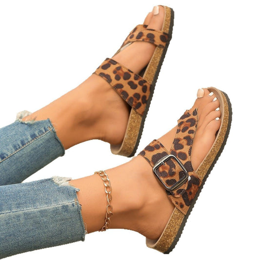 Leopard Roman Style Toe Covering Slippers